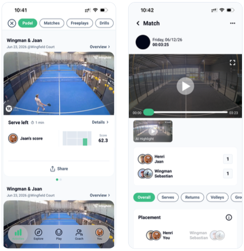 Wingfield app displaying detailed match stats captured by Wingfield AI Pro, including AI-powered performance data and match insights.